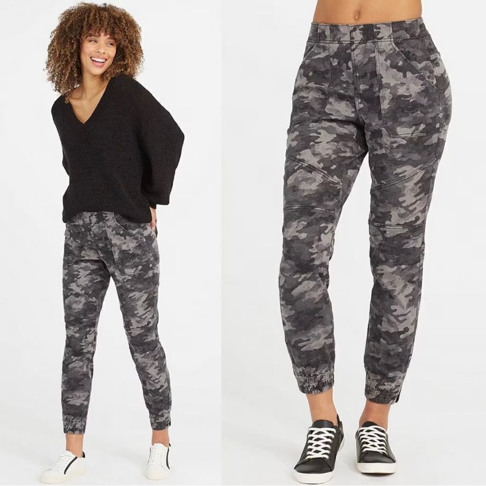 SPANX Stretch Mid Rise Twill Zipper Hem Jogger Pants Black Wash Camo XL 20319R